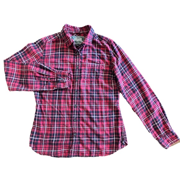 Women's Roots plaid flannel 100% cotton button down fitted shirt size M - Picture 1 of 14